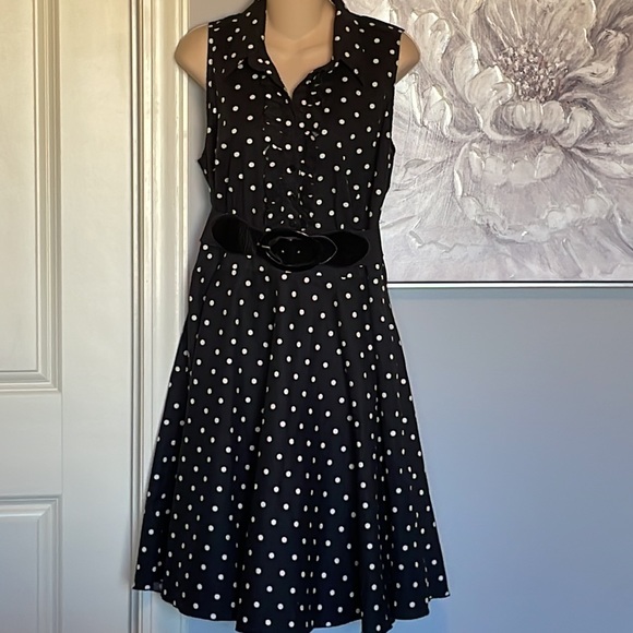 City Chic Macy’s Black and White Belted Polka-dot Sleeveless Dress - Picture 2 of 11